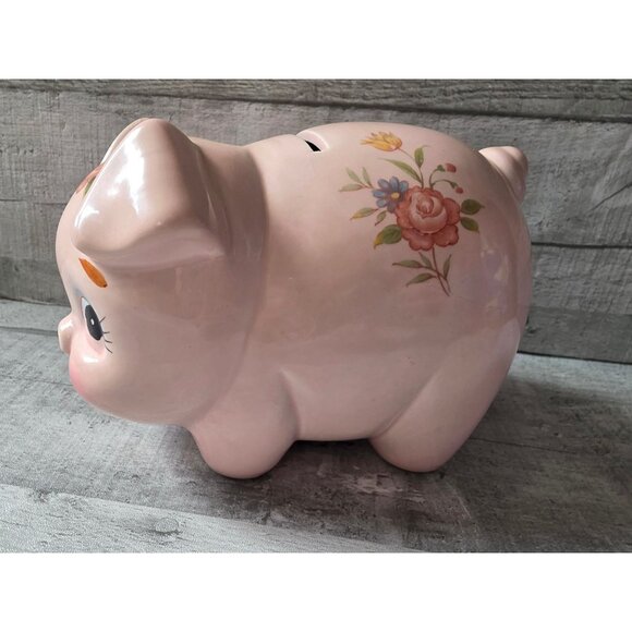 Vintage Lefton Pink Ceramic Piggy Bank With Floral Design - Picture 2 of 10
